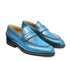 New Loafer Handmade Leather Sky Blue  color Cap Toe Shoe For Men&#39;s - $159.00