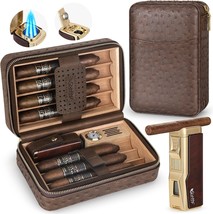 Scotte Cigar Humidor Box, Cigar Lighter Cedar Wood Lined Leather Cigar Case - £58.60 GBP