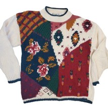 Vintage 90s Handknit Sweater Mockneck Patchwork Floral Colorblock Off-wh... - $38.53