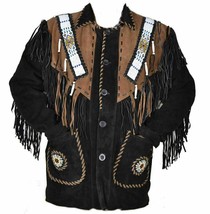 Men&#39;s Black-Brown Western Wear Sheath Fringes and Beaded Suede Leather J... - $140.99