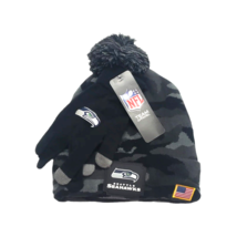 Seattle Seahawks NFL Brand Camo Cuffed Pom Knit Skull Hat Gloves Set Gray OSFM - £31.97 GBP