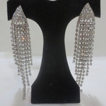 Long Rhinestone Stud Earrings Drop Dangle Clear Tassel Silver Toned Sparkles - £14.12 GBP