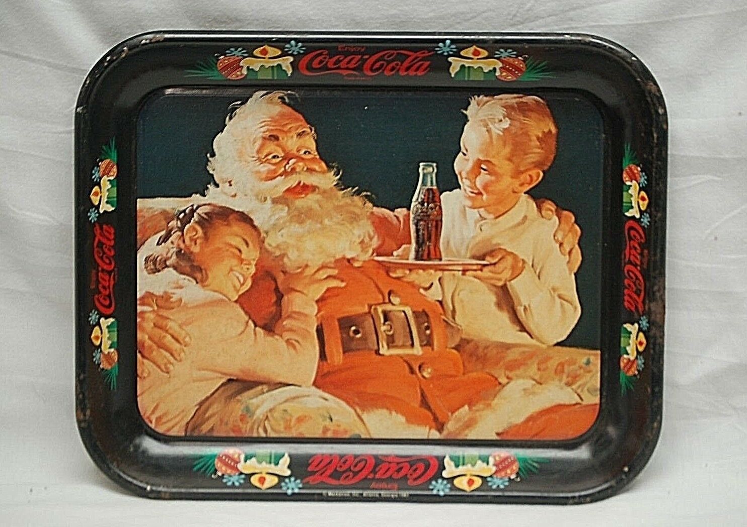 Old Vintage Rustic 1981 Coca Cola Coke Litho Tin Metal Serving Tray Santa Claus - $24.74