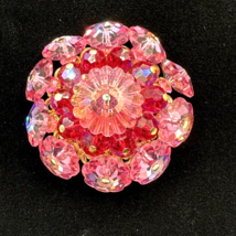 Vendome Brooch Pin Flower Pink Crystal Ruffle Aurora Borealis Floral Vintage - £72.34 GBP