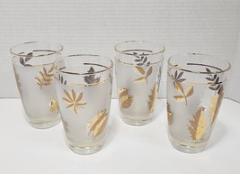 Set Of 4 Vtg MCM Libbey Frosted Gold Leaves &amp; Rim Tumbler 5.25&quot; Tall - $25.00