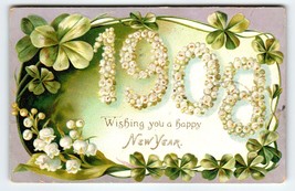 New Year Postcard 1908 Numbers Clovers Flowers Tuck 113 Embossed Greetings 1907 - £6.64 GBP