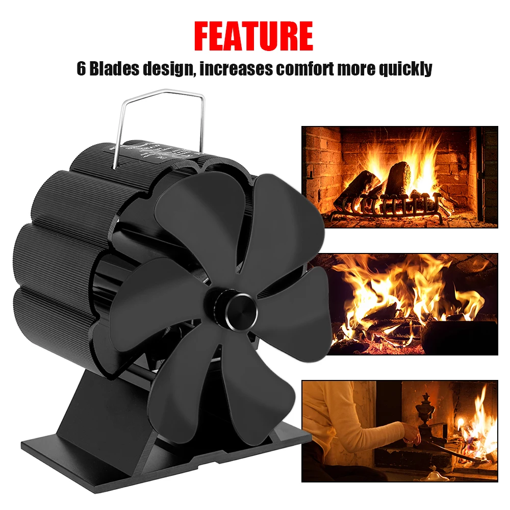 House Home 6 Blades Heat Powered Stove Fan Black Fireplace komin Log Wood Burner - £64.78 GBP