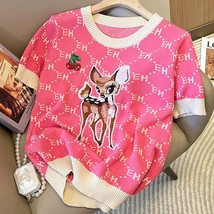 Rose Pink Kawaii Embroidery    T Shirts High Quality Comfort Summer Woman Tshirt - £64.62 GBP