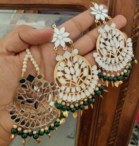 Antique Mirror Work Kundan Jewelry Set Earring Tikka Tika Green Beads Pearl - $27.73