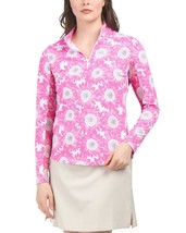 IBKUL UPF 50+ Ruthie Print Long Sleeves Zip Mock Neck Golf Top in Pink W... - $54.72
