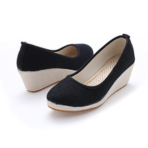 Women plain linen cotton wedge espadrilles vintage solid color ladies high heel slip on thumb200
