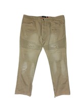 MAKOBI Sanded Distressed Moto Jeans Rip &amp; Repairs Stitches Wheat Mens S ... - $37.24