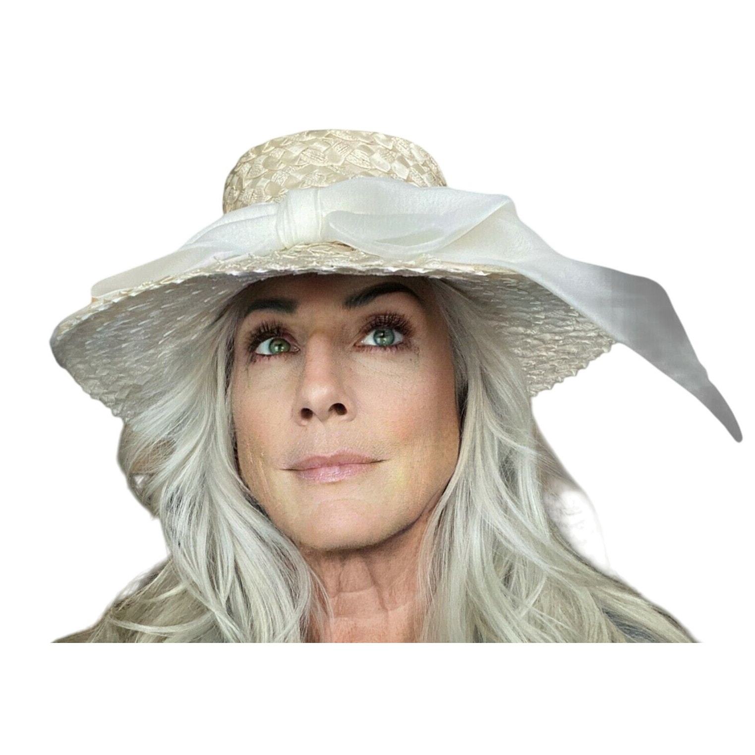 &quot;Patrice” Vintage 1960s Straw Hat Wide Brimmed Big Bow Ivory Church Sun ... - $59.40