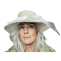 &quot;Patrice” Vintage 1960s Straw Hat Wide Brimmed Big Bow Ivory Church Sun ... - $59.40