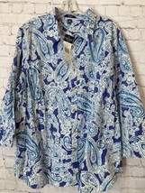 Chaps Button Up Shirt Womens 2X Paisley Blue White 3/4 Sleeve Cotton MSRP $60 - £20.23 GBP