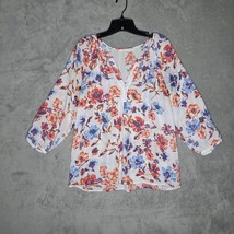 Violet + Claire Women&#39;s Floral Blouse 3/4 Sleeve White Red Blue Flowers Size L - £13.63 GBP