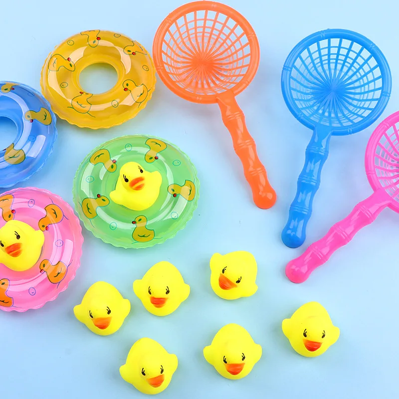 Ids floating bath toys mini swimming rings rubber cute yellow ducks fishing net washing thumb200