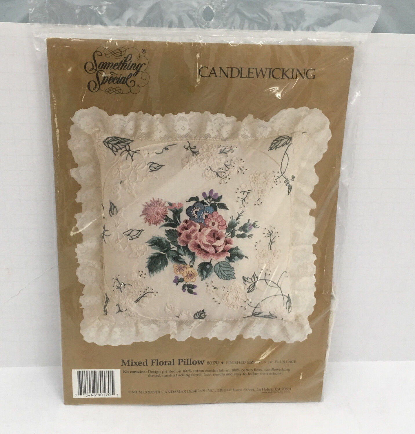 Vintage candlewicking kit mixed floral pillow something special brand never used - $29.65