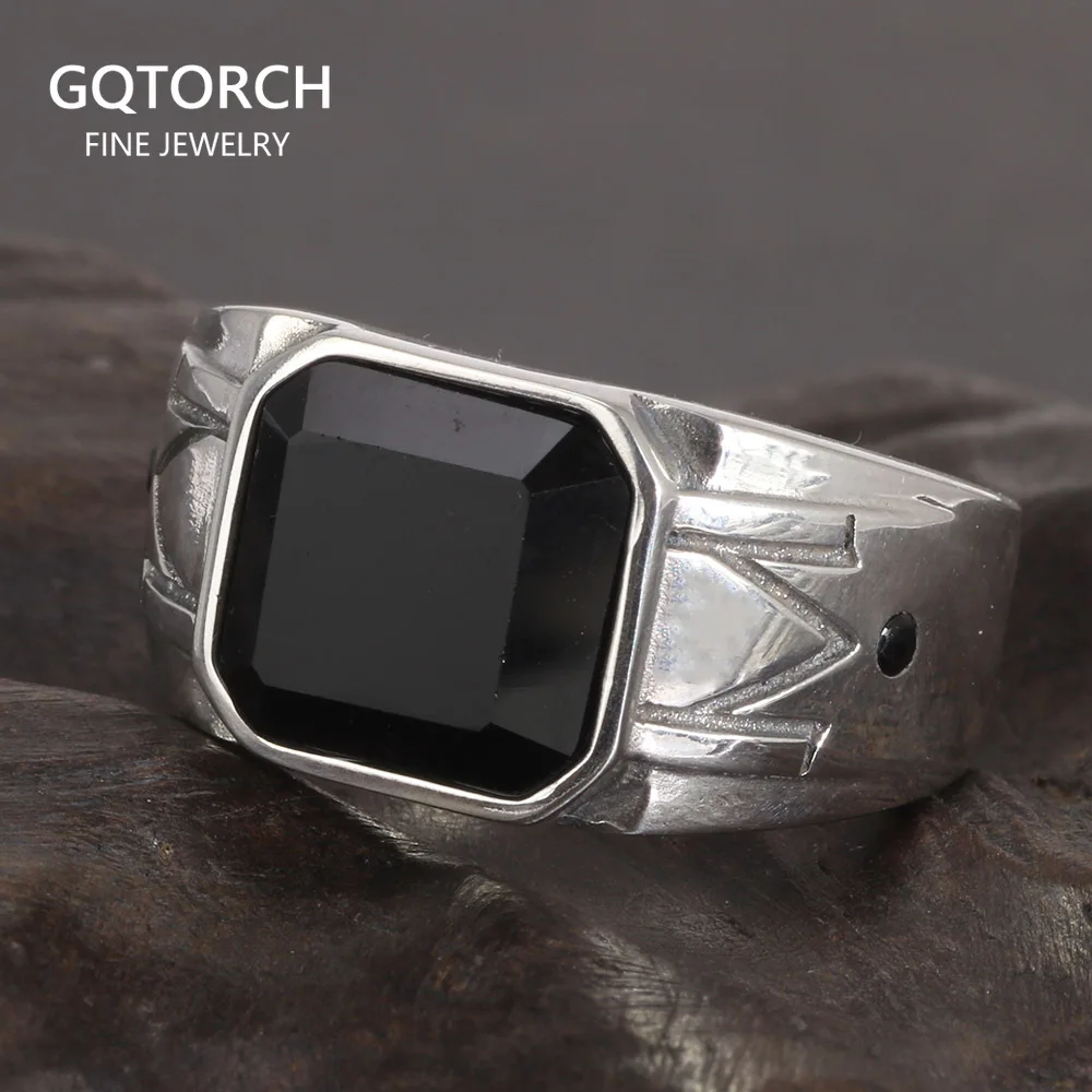 Solid 925 Sterling Silver Vintage Punk Simple Boys Ring with Natural Black Onyx  - £28.59 GBP