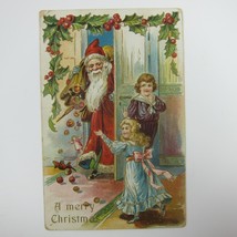 Christmas Postcard Old World Santa Bag Toys Boy Girl Holly Embossed Antique 1910 - £15.80 GBP