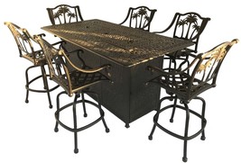 Fire pit propane bar table set 7 piece outdoor cast aluminum Palm Tree bar stool - £3,123.14 GBP