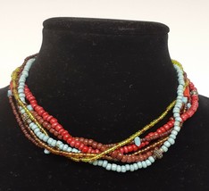 Native Tribal Multi Strand Choker Necklace Coral Turquoise Silver Tone Clasp VTG - £62.96 GBP