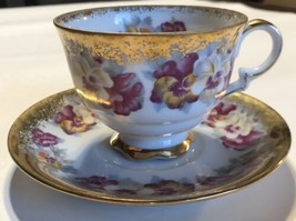 Original Napco Hand Painted China Tea cup &amp; Saucer Pansy Floral Flower D... - $31.68