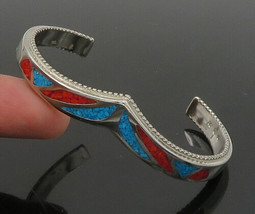 ZUNI NAVAJO 925 Silver - Vintage Turquoise &amp; Coral Pointed Cuff Bracelet- BT9048 - £109.14 GBP