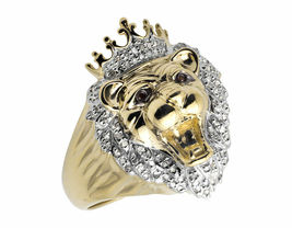 10K Yellow Gold Fn 3D Roaring Lion Head King Crown Diamond Statement Rin... - $131.67