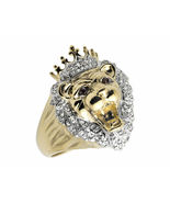 10K Yellow Gold Fn 3D Roaring Lion Head King Crown Diamond Statement Rin... - $131.67