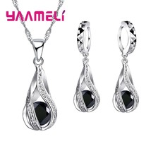 Hot Water Drop CZ 925 Silver Jewelry Set For Women Pendant Necklace Hoop Earring - £18.86 GBP