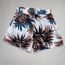 Tropical Palm Boho White Summer Shorts Women’s Large High Waist Tassel P... - $21.78