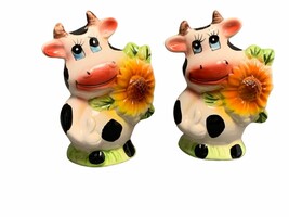 Vintage Sunflower Cow Salt &amp; Pepper Shaker Set - Hand-Painted Ceramic - $10.58