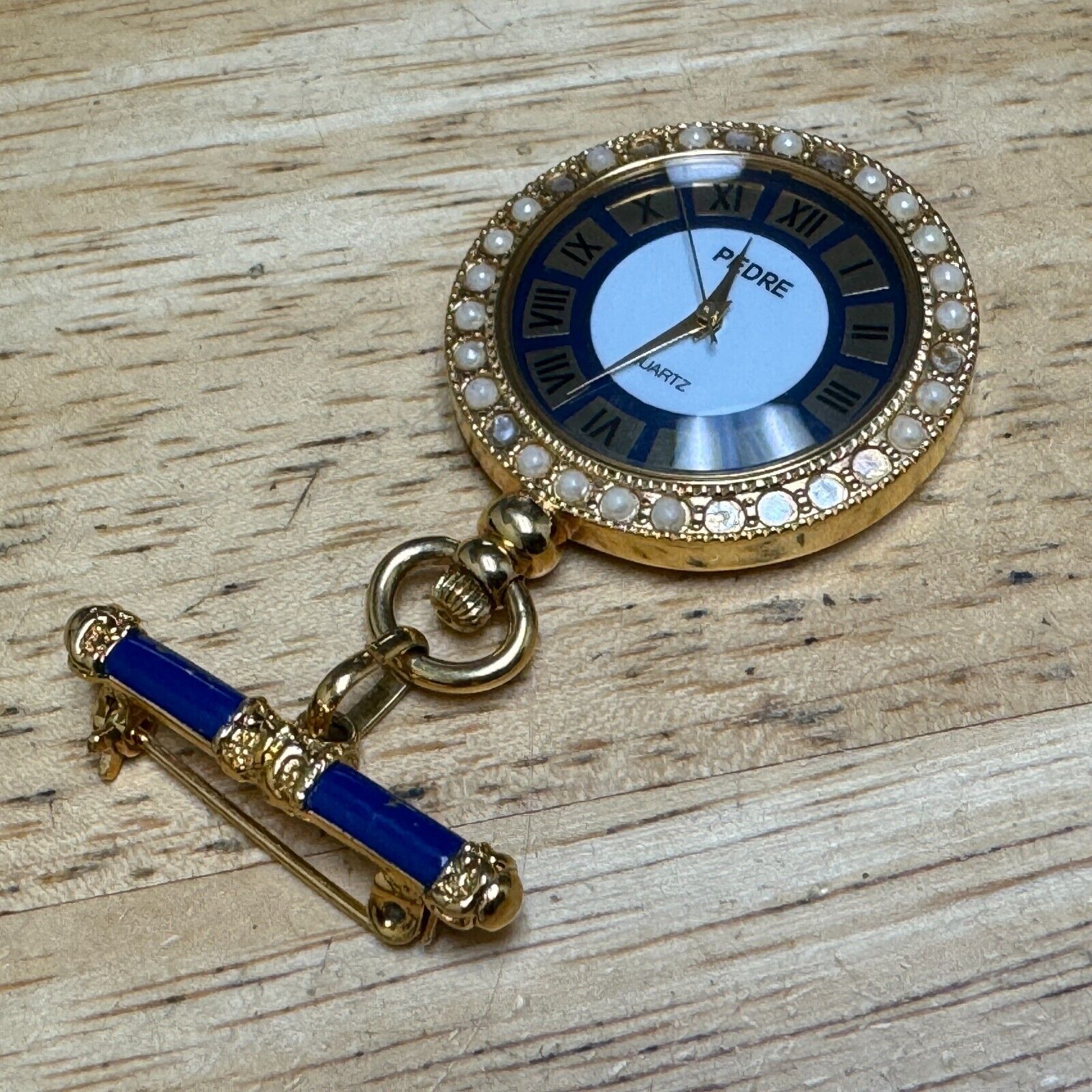 Vintage Pedre Pocket Watch Gold Tone Roman Dial Brooch Quartz Analog New Battery