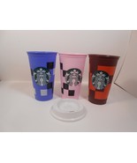 3 Starbucks Light Pink, Blue, and Brown Checkered 16 oz  Reusable Plasti... - $9.05