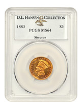 1883 $3 PCGS MS64 ex: D.L. Hansen/Simpson - £14,915.82 GBP