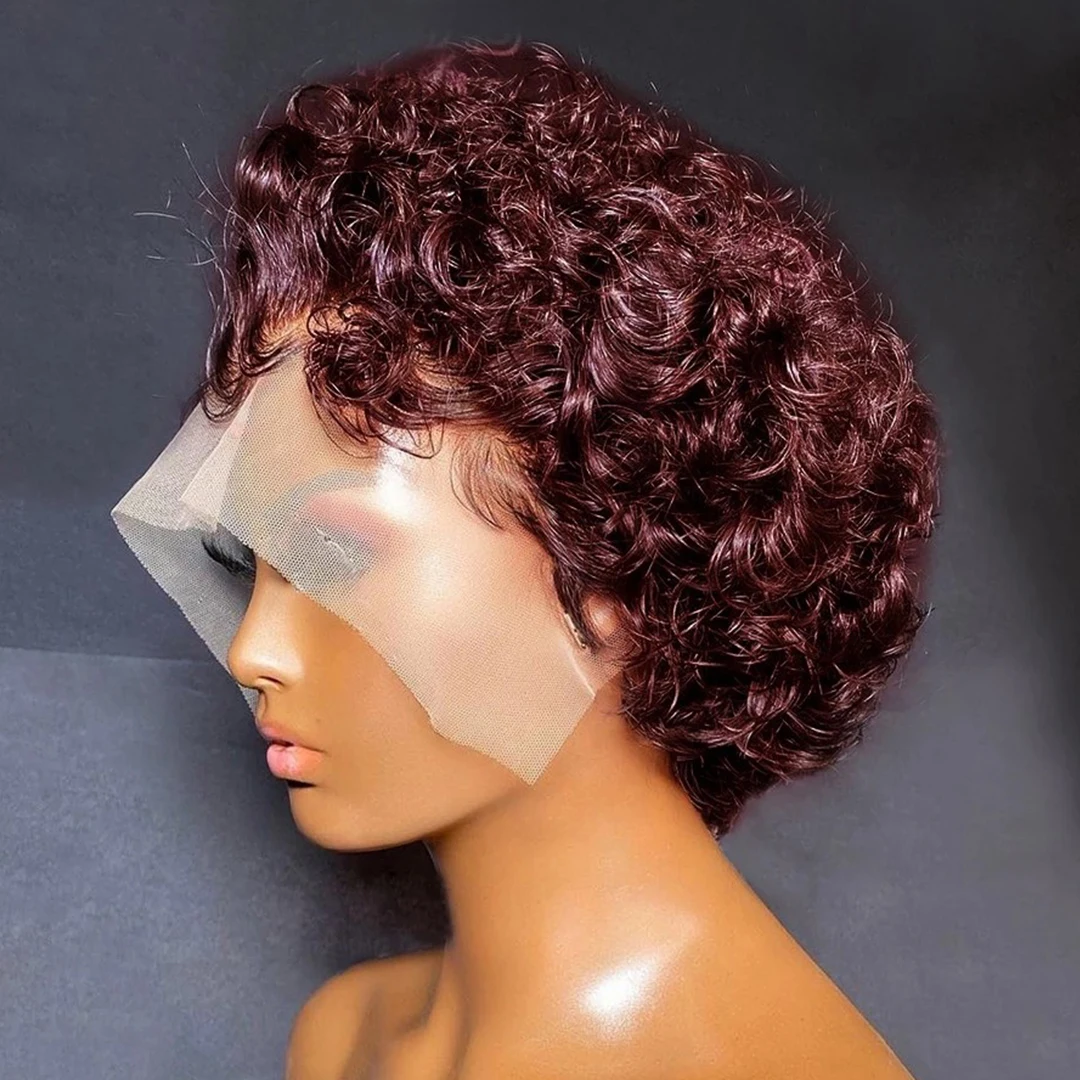 99J Burgundy Highlight Honey Colored Short Curly Pixie Cut Lace Wig Pre pluck - £37.82 GBP+