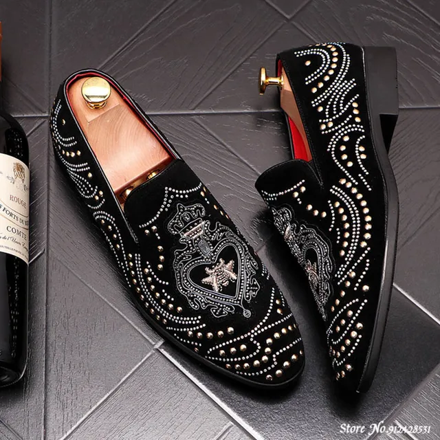 Riveted Embroidered Rhinestone Loafers Shoes - $59.99
