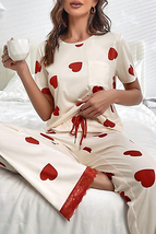 White Valentines Heart Print Lace Hem Tee Pants Pajama Set - £23.16 GBP