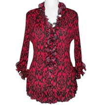 Dress Barn Plus Size 1X Red &amp; Black Pleated Crinkle Ruffle 3/4 Sleeve Top - £35.40 GBP