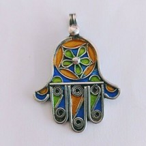 Moroccan Pendant Enamel Hamsa Silver Berber Kabyle Necklace Hand Amulet Fatima - $42.57