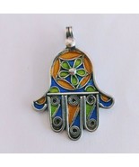 Moroccan Pendant Enamel Hamsa Silver Berber Kabyle Necklace Hand Amulet ... - £33.35 GBP
