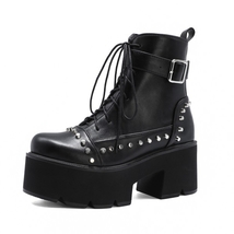 New Women Ankle Boots Round Toe 7cm Block Heels Thick Bottom Buckle Lace-Up Zip  - £80.34 GBP