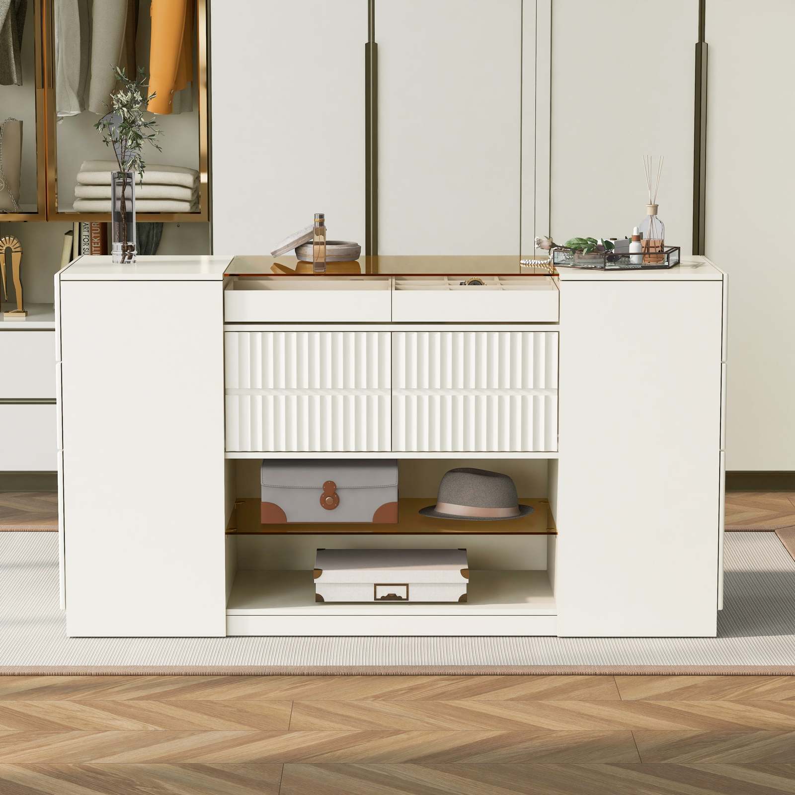 Modern Luxury Island Vanity Dresser Storage Cabinet Glass Top 6 Drawers Item image 2