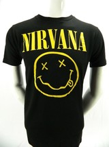 Nirvana Smiley Face Graphic Print Grunge Rock Band T Shirt Black Cotton M Cobain - £17.32 GBP