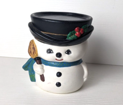Vintage Snowman Candle Holder Figure Holly Top Hat blue Scarf 4” ceramic - £7.82 GBP