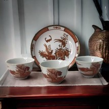 Vintage Asian Porcelain Bowl Brass Encased &amp; 3 Cups Hand Painted In Hong... - $20.10