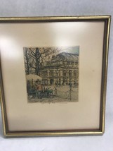 Vintage hand colored etching European 9 by 8 inch Gilt frame matted signed - £39.44 GBP