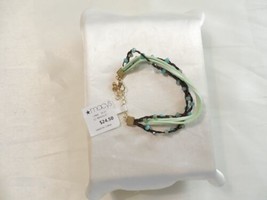 Department Store 6.5" Gold Tone Bead Light Green Faux Leather Bracelet F142 - $10.36