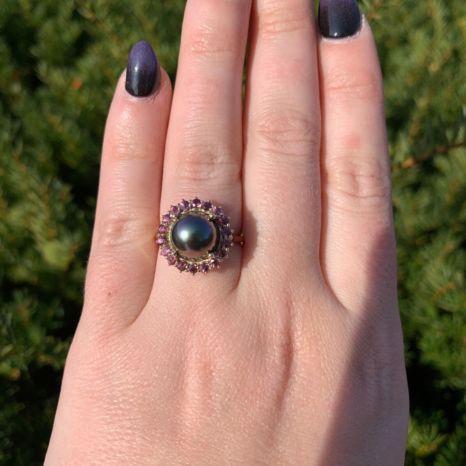 14k White Gold 9.5mm Black Tahitian Pearl and Raspberry Sapphire Ring (#J7019) Item image 8